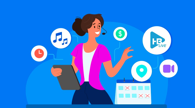 a woman from an event planning committee on event night wearing a headset, holding a tablet, surrounded by event planning icons like a calendar, dollar sign, location pin, and music notes on a blue background