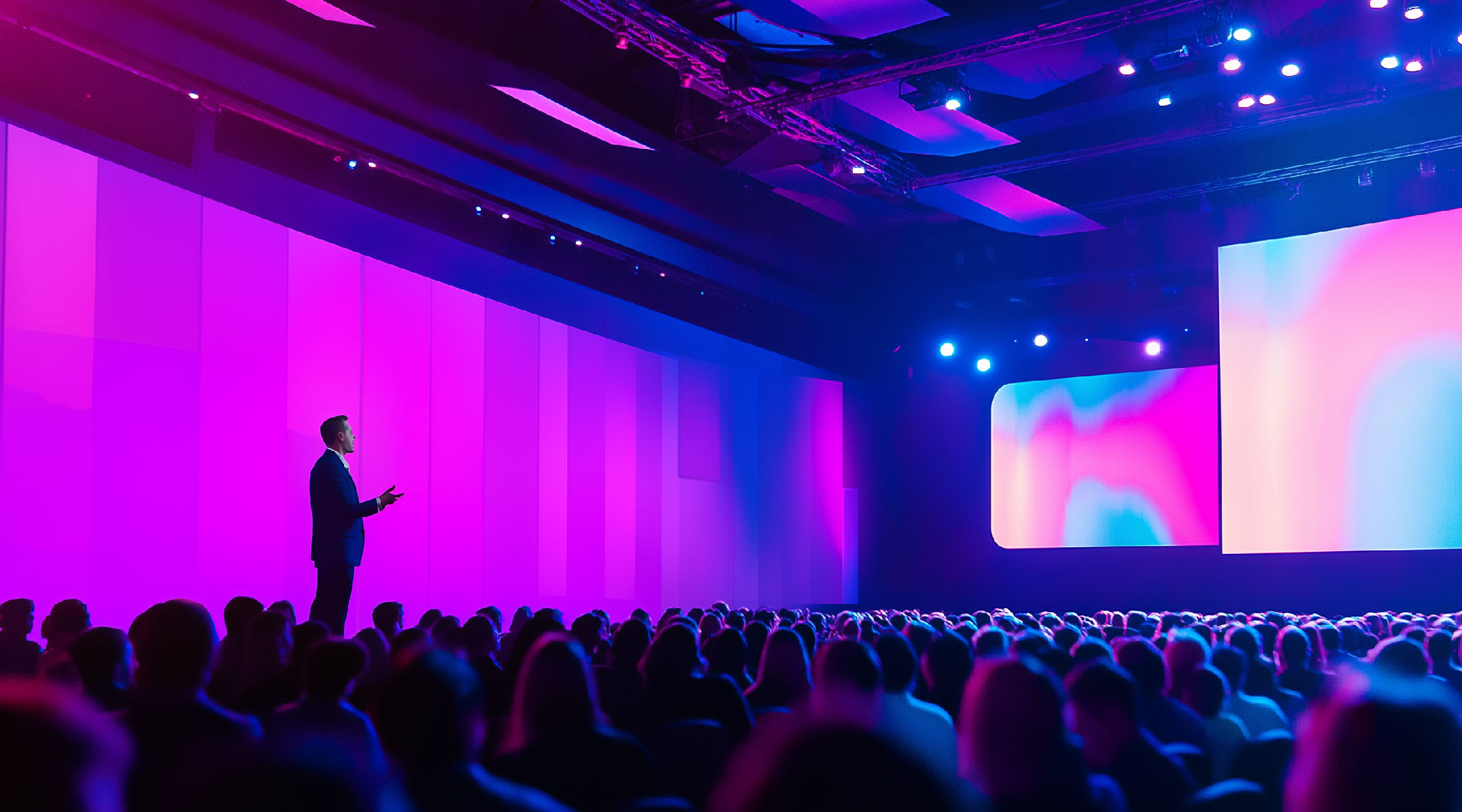 presenter talking on stage to an audience