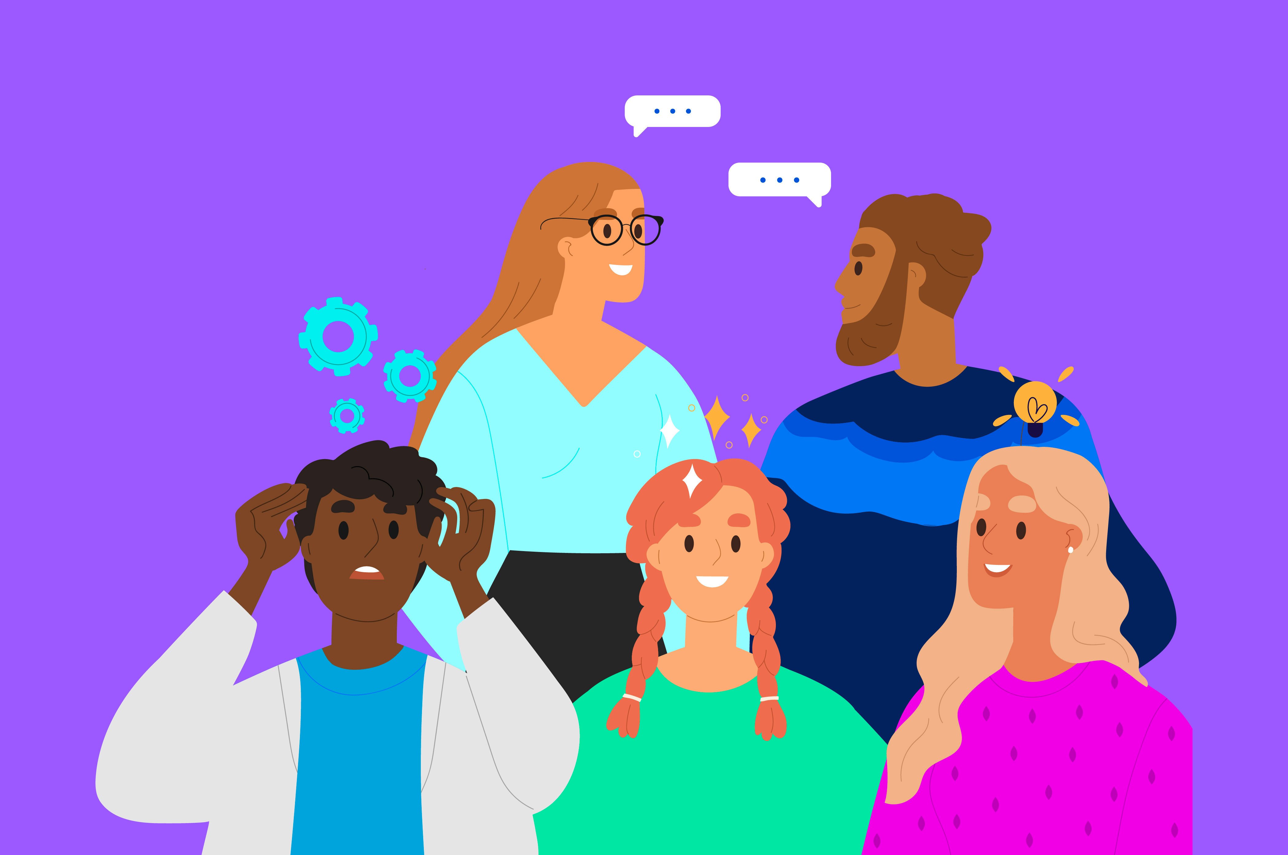 a diverse team of community members in discussion about committee roles, with speech bubbles and gears symbolizing collaboration and brainstorming, on a purple background