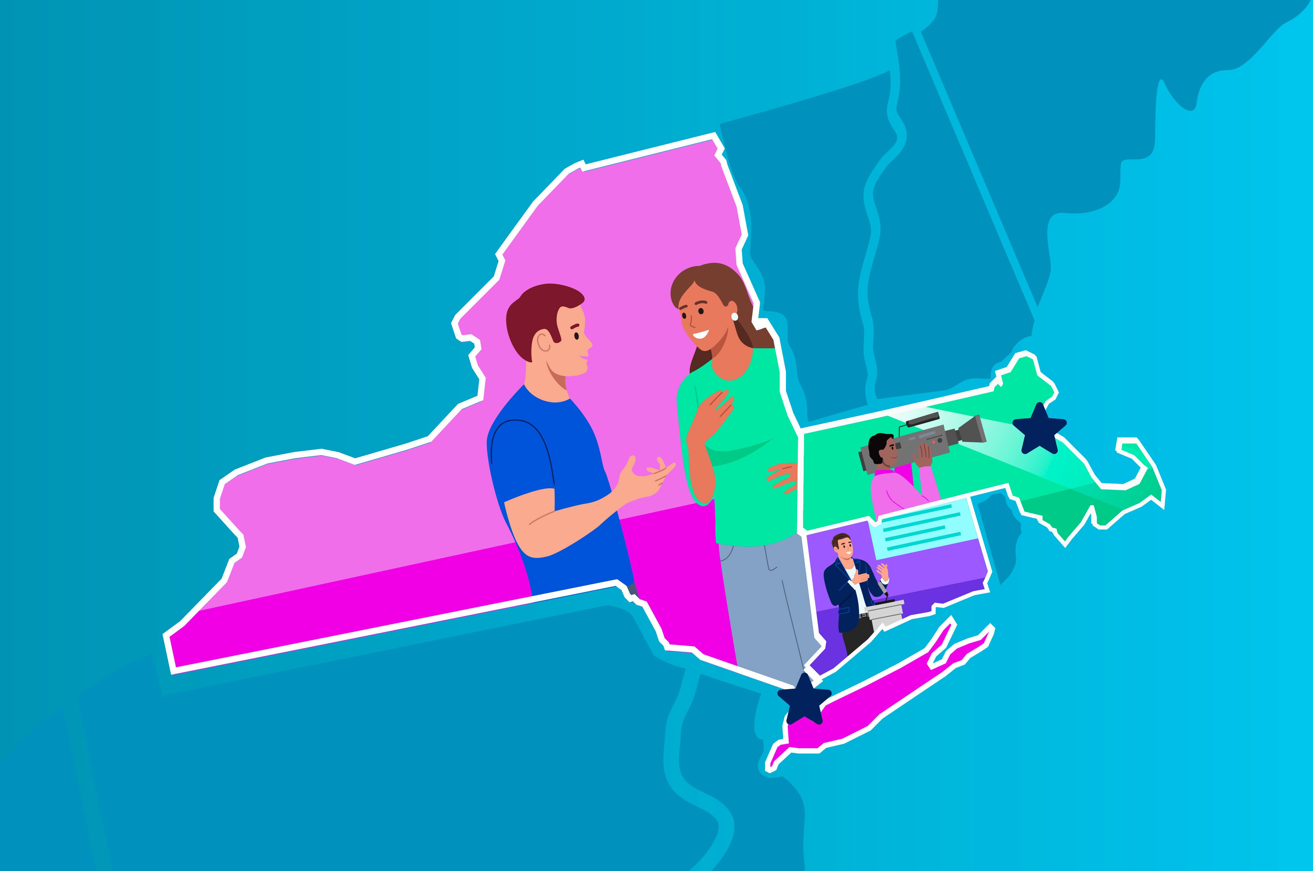 a map highlighting Connecticut, Boston, and New York City with two people discussing the next event